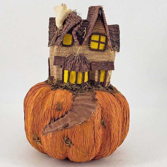 unmarked Holiday Vintage Halloween Paper Mache Witchs Lair Haunted Mansion Wghost On Pumpkin